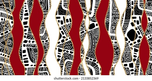Seamless pattern decorated with precious stones, gold chains and pearls.