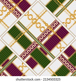 Seamless pattern decorated with precious stones, gold chains and pearls.