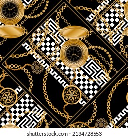 Seamless pattern decorated with precious stones, gold chains and pearls.