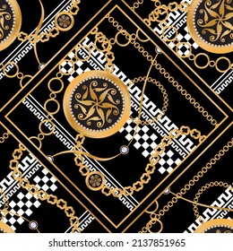 Seamless pattern decorated with precious stones, gold chains and pearls.