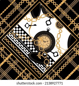 Seamless pattern decorated with precious stones, gold chains and pearls.