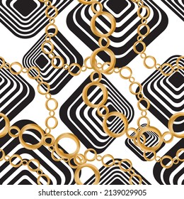 Seamless pattern decorated with precious stones, gold chains and pearls.
