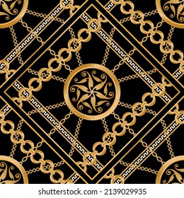 Seamless pattern decorated with precious stones, gold chains and pearls.