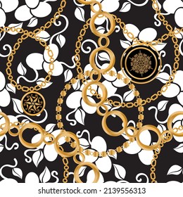 Seamless pattern decorated with precious stones, gold chains and pearls.