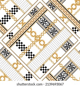 Seamless pattern decorated with precious stones, gold chains and pearls.