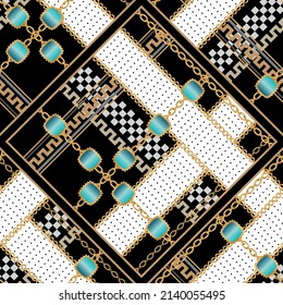 Seamless pattern decorated with precious stones, gold chains and pearls.