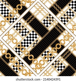 Seamless pattern decorated with precious stones, gold chains and pearls.