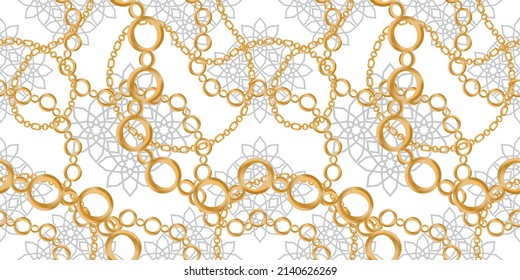 Seamless pattern decorated with precious stones, gold chains and pearls.