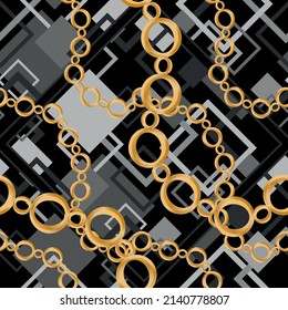 Seamless pattern decorated with precious stones, gold chains and pearls.