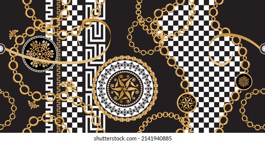 Seamless pattern decorated with precious stones, gold chains and pearls.