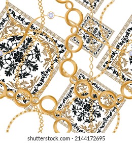 Seamless pattern decorated with precious stones, gold chains and pearls.