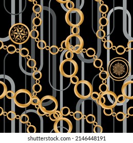 Seamless pattern decorated with precious stones, gold chains and pearls.