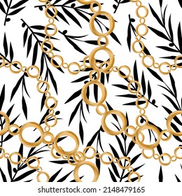 Seamless pattern decorated with precious stones, gold chains and pearls.