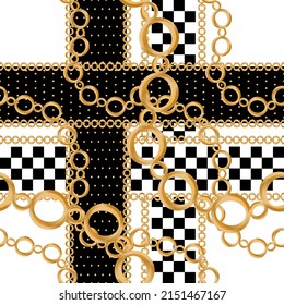 Seamless pattern decorated with precious stones, gold chains and pearls.