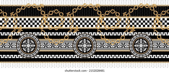 Seamless pattern decorated with precious stones, gold chains and pearls.