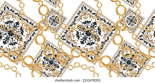 Seamless pattern decorated with precious stones, gold chains and pearls.