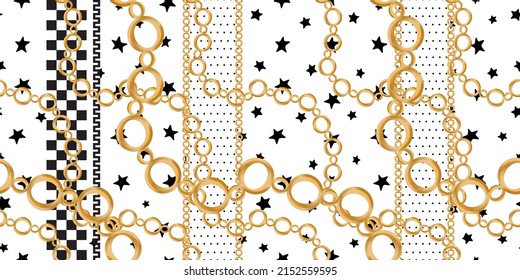 Seamless pattern decorated with precious stones, gold chains and pearls.