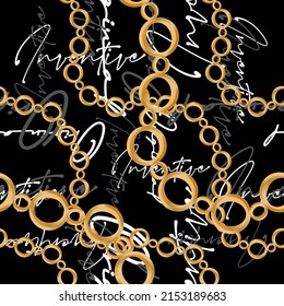Seamless pattern decorated with precious stones, gold chains and pearls.