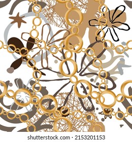 Seamless pattern decorated with precious stones, gold chains and pearls.
