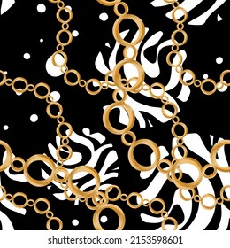 Seamless pattern decorated with precious stones, gold chains and pearls.