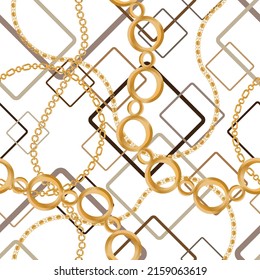 Seamless pattern decorated with precious stones, gold chains and pearls.