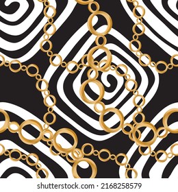 Seamless pattern decorated with precious stones, gold chains and pearls.