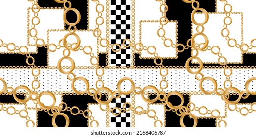Seamless pattern decorated with precious stones, gold chains and pearls.