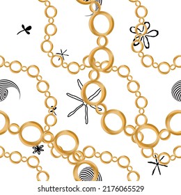 Seamless pattern decorated with precious stones, gold chains and pearls.