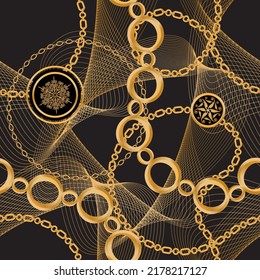 Seamless pattern decorated with precious stones, gold chains and pearls.