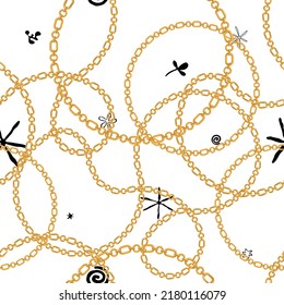 Seamless pattern decorated with precious stones, gold chains and pearls.