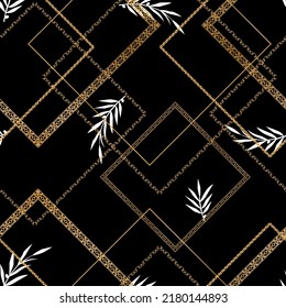 Seamless pattern decorated with precious stones, gold chains and pearls.