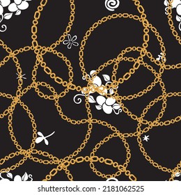 Seamless pattern decorated with precious stones, gold chains and pearls.