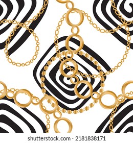 Seamless pattern decorated with precious stones, gold chains and pearls.