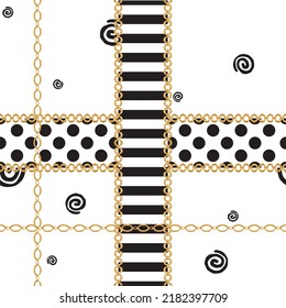 Seamless pattern decorated with precious stones, gold chains and pearls.