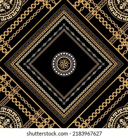 Seamless pattern decorated with precious stones, gold chains and pearls.