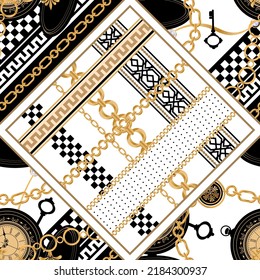 Seamless pattern decorated with precious stones, gold chains and pearls.