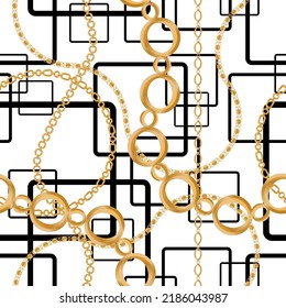 Seamless pattern decorated with precious stones, gold chains and pearls.
