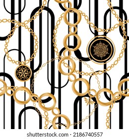 Seamless pattern decorated with precious stones, gold chains and pearls.