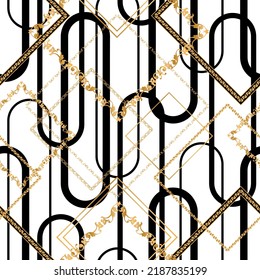 Seamless pattern decorated with precious stones, gold chains and pearls.