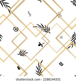 Seamless pattern decorated with precious stones, gold chains and pearls.