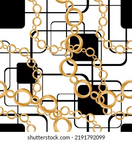 Seamless pattern decorated with precious stones, gold chains and pearls.