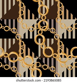 Seamless pattern decorated with precious stones, gold chains and pearls.