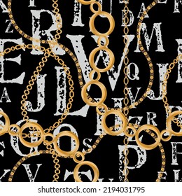 Seamless pattern decorated with precious stones, gold chains and pearls.