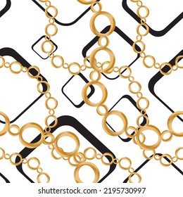 Seamless pattern decorated with precious stones, gold chains and pearls.