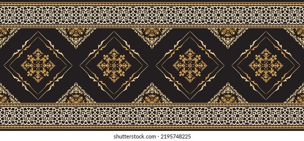 Seamless pattern decorated with precious stones, gold chains and pearls.