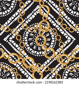 Seamless pattern decorated with precious stones, gold chains and pearls.