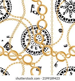 Seamless pattern decorated with precious stones, gold chains and pearls.