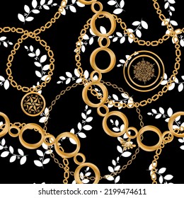 Decoración sin inconfundibles decorada con piedras preciosas, cadenas de oro y perlas.