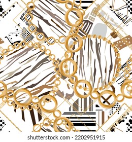 Seamless pattern decorated with precious stones, gold chains and pearls.