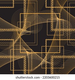 Seamless pattern decorated with precious stones, gold chains and pearls.